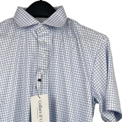 NEW Collars & Co Dress Collar Polo Mens MT TALL Performance Blue Check $82