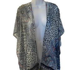 Chico  s Ruana Kimono Sheer Paisley Flower Animal Print with Fringes S/M