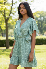 SHEIN Women's L Green Heart Print Ruffle Sleeve V-Neck Flounce Hem Mini Dress