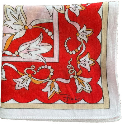 Emilio Pucci Cotton Mini Scarf Handkerchief Red Pink Orange Flower 42.5x42.5cm
