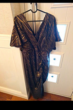 Girl In Mind Black & Gold Striped Ruched Wrap V-Neck Midi Dress UK 18