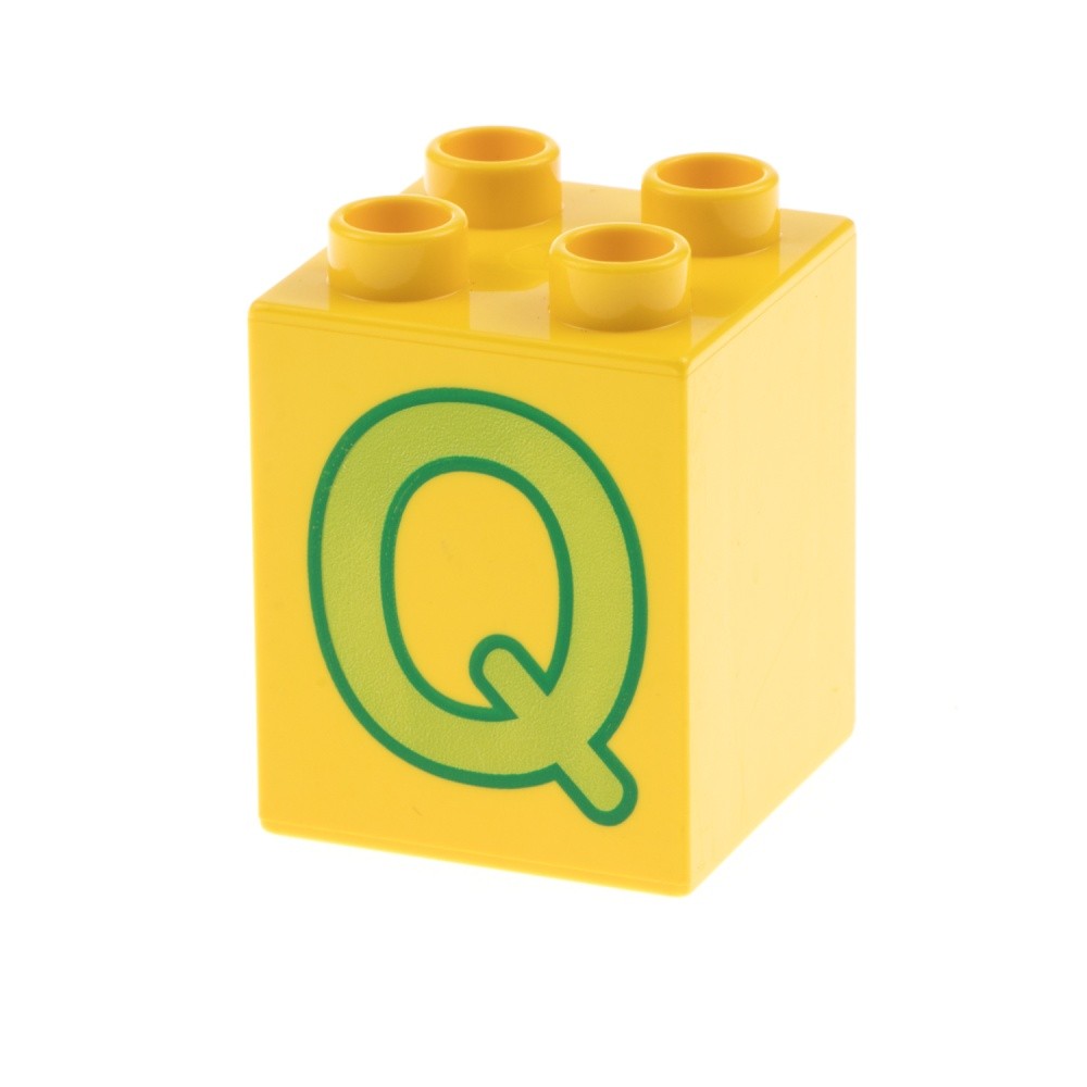 1x Lego Duplo Motif Construction Stone 2x2x2 Yellow Printed On Letter Q Green