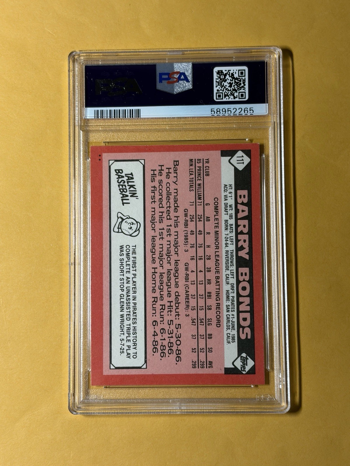 1986 Topps Traded Barry Bonds #11T Rookie Card PSA MINT 9 view 2