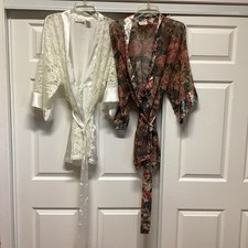 2 Vintage Victoria  s Secret Robes Cream Satin  Lace. Floral Sheer  Satin 1size