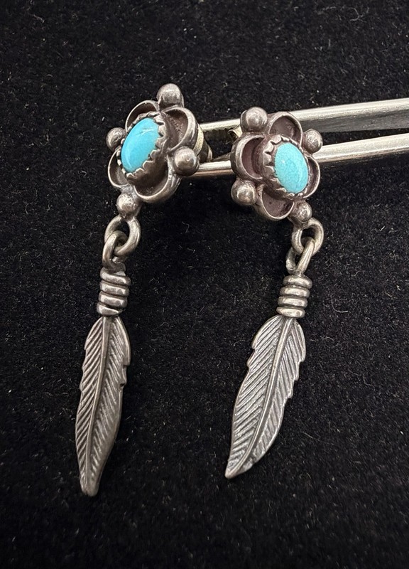 Vintage Old Pawn Navajo Native American Sterling Turquoise Dangle Earrings