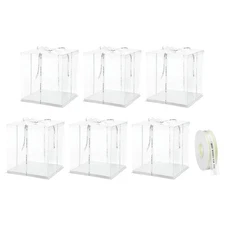 6Pcs Clear Cake Box with Ribbon 13"x13"x15" for 12 Inch Cake Packing White