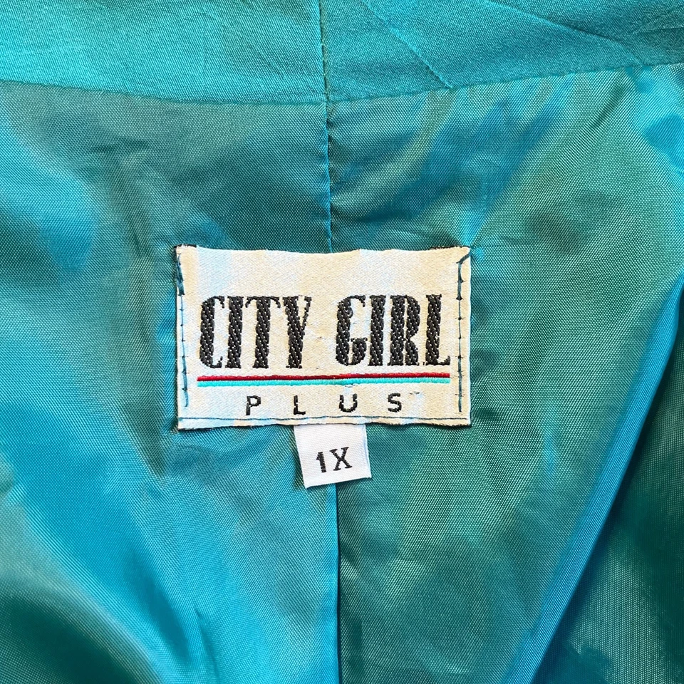 Vintage 80s Blazer Plus 1X City Girl Green Patchwork Print Corporate Academia - Image 4 of 4
