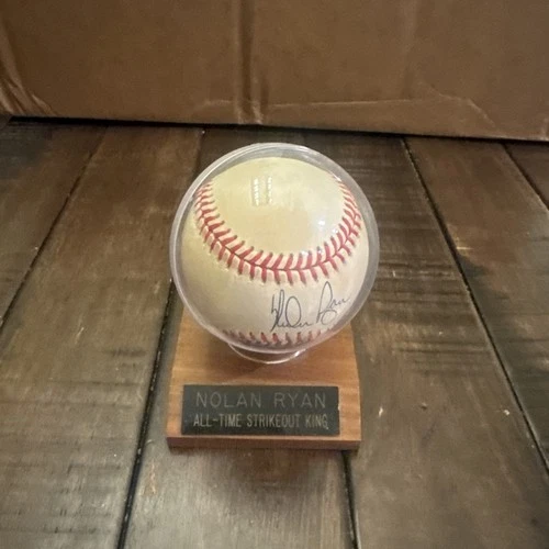 Nolan Ryan Signed Baseball All Time Strikeout King Wood Base Rawlings Official