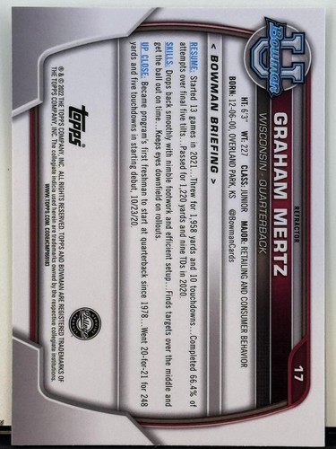 2022 Topps Bowman University Chrome #17 Graham Mertz Refractor - Picture 2 of 2