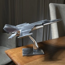 Vintage Aluminum Fighter Jet Desk Model Sculpture Plane on Stand 10”