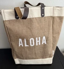 Large ALOHA Jute Burlap Beach Market Bag Tote Hawaii Soha Living Leather Handles
