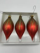 Qty (3) Vintage 5” Red Gold Glitter Drop Handblown Glass Drip Ornament Icicle