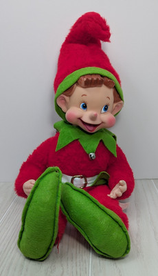 Vintage Rushton Elf Jester Pixie Plush Rubber Face Doll 20'' Christmas Bells READ