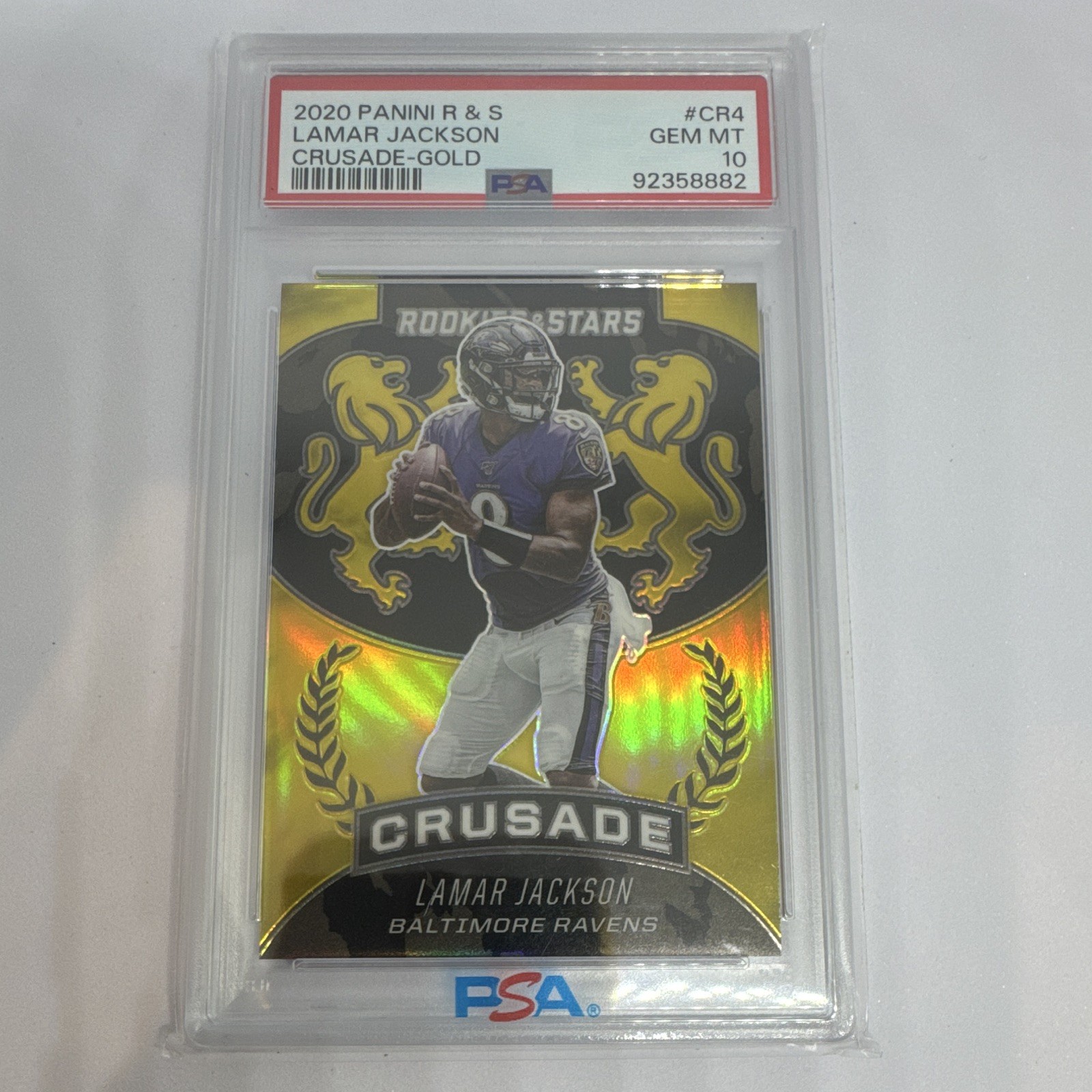Panini 2020 Rookies & Stars Lamar Jackson Crusade Gold /10 CR-4 PSA 10