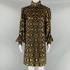 GUCCI Size XL Black Gold Viscose Blend Long Sleeve Cocktail Dress