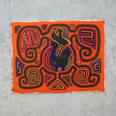 Set of 2 Vintage Kuna Mola Textile Panama Hand-Stitched Bird Folk