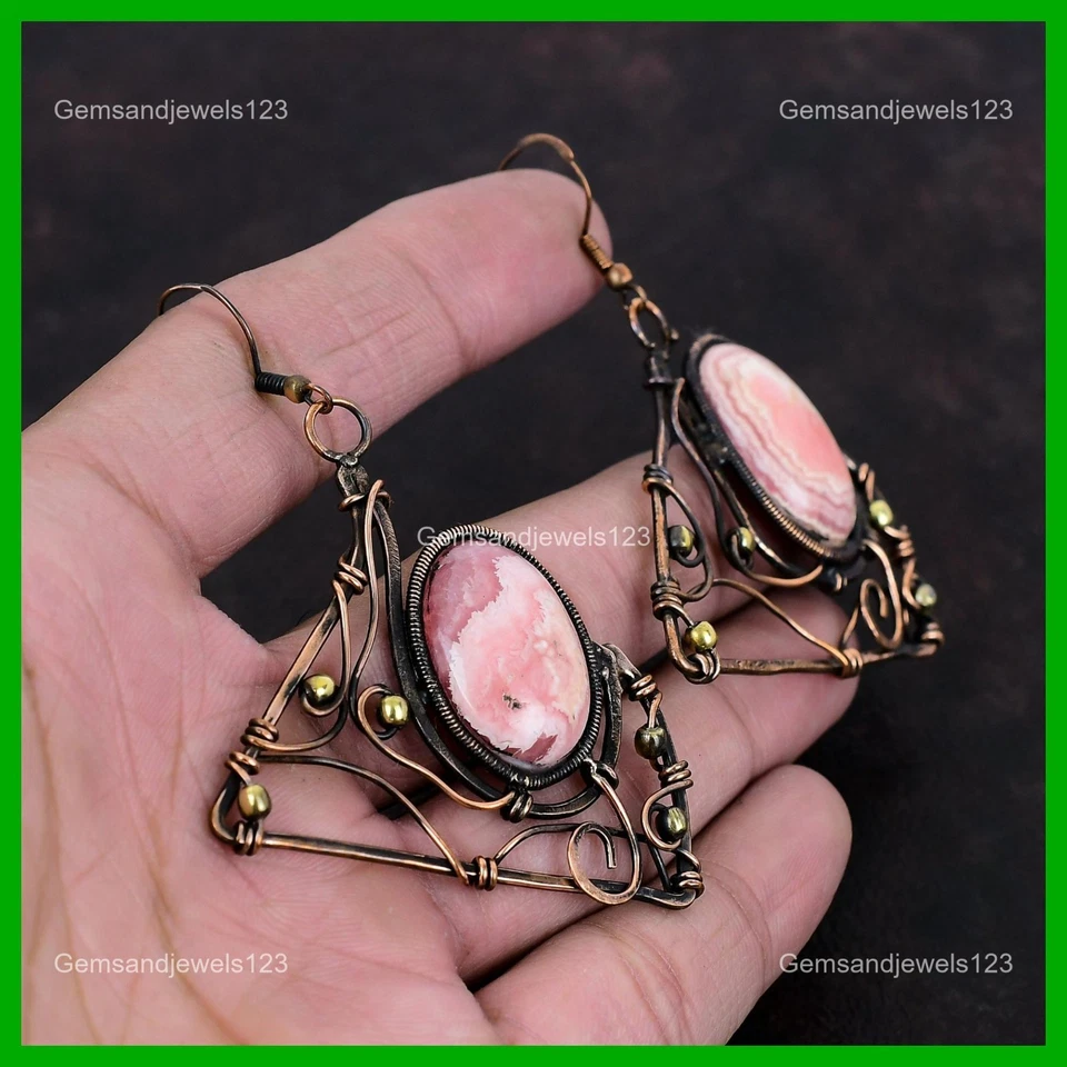 Copper Rhodochrosite Gemstone Wedding Drop Wire Wrapped Artisan Earrings Jewelry - Image 4 of 4