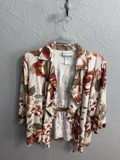 Alfred Dunner Petite Womens Tan Floral Open Front Thin Blazer Size 12P