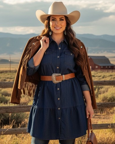 Eighty Eight Denim Tunic Plus Sz 2X Tiered Chambray Dark Wash Country Western