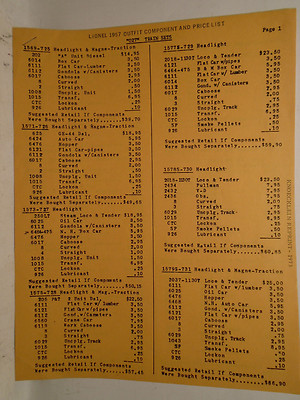 LIONEL 1957 TRAIN SET COMPONENT & PRICE LIST KNOECKLEIN REPRINT 1973
