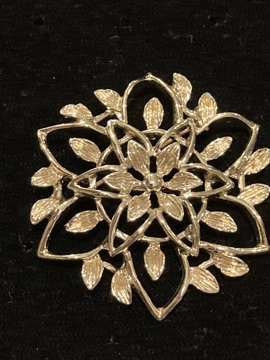 Vintage Sarah Coventry Brooch Flower Round Yellow Rhinestones Leaves Gold  Tone