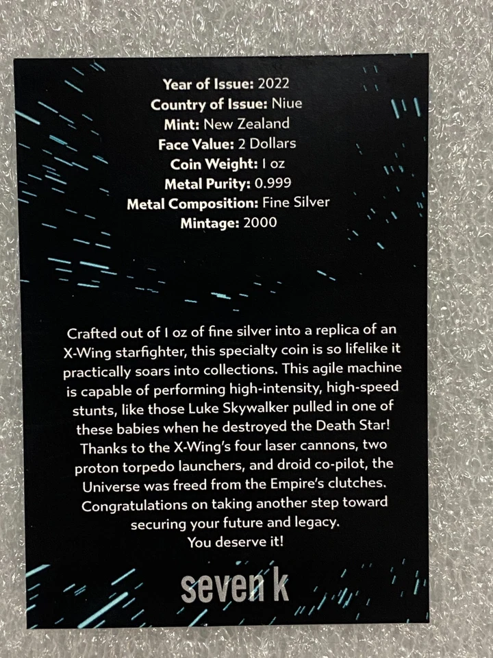 Moneda antigua 2022 Star Wars X-Wing Shaped Fighter 1 OZ plata NGC MS70 ~ con certificado de autenticidad Foto 4 de 4