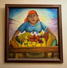 Rare Wilson Bigaud Haitian Art 26x26 Original Oil Painting Woman with Fruit