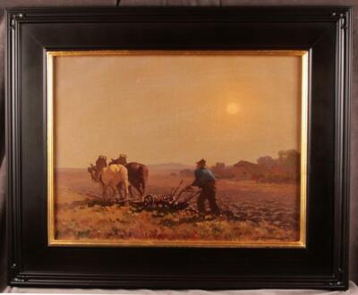 Dutch Oil Painting Country Landscape w/ Farmer Plowing Field by