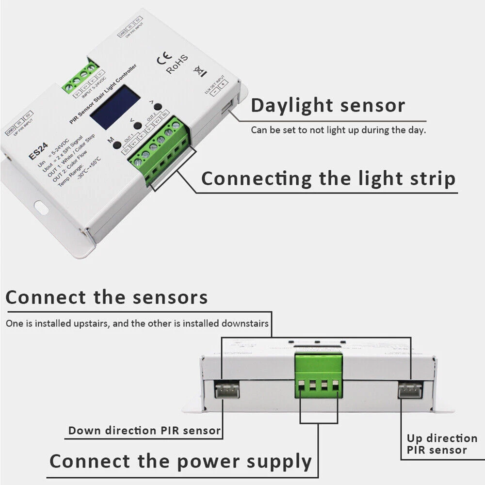 ES24 PIR Stair Controller 24CH Stairway for Single Color RGB IC Pixel led strip