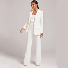 Womens 2pcs Sets Rhinestone Beaded One Button Suit Jacket Pants Bootcut Trousers