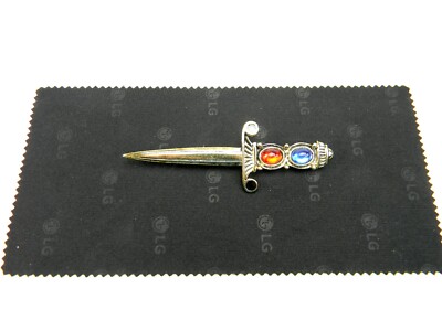 Vintage Pewter Dagger Brooch Red and Blue Accent Stones 3.25'' Long