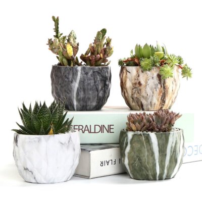 Modern Style Marbling Ceramic Planters - Bonsai Pots with Drainage Hole Set of 4