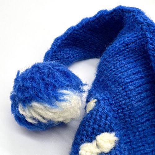 Vintage Blue Knit Elf Hat Kids Winter Cap Pom Pom Ear Flaps 80s - Picture 9 of 9
