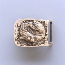 Double Fishes Rectangle Solid Brass Belt Buckle