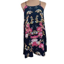 Ya Los Angeles Dress Trapeze Floral Silk Blend Open Back Preppy Navy Blue sz S