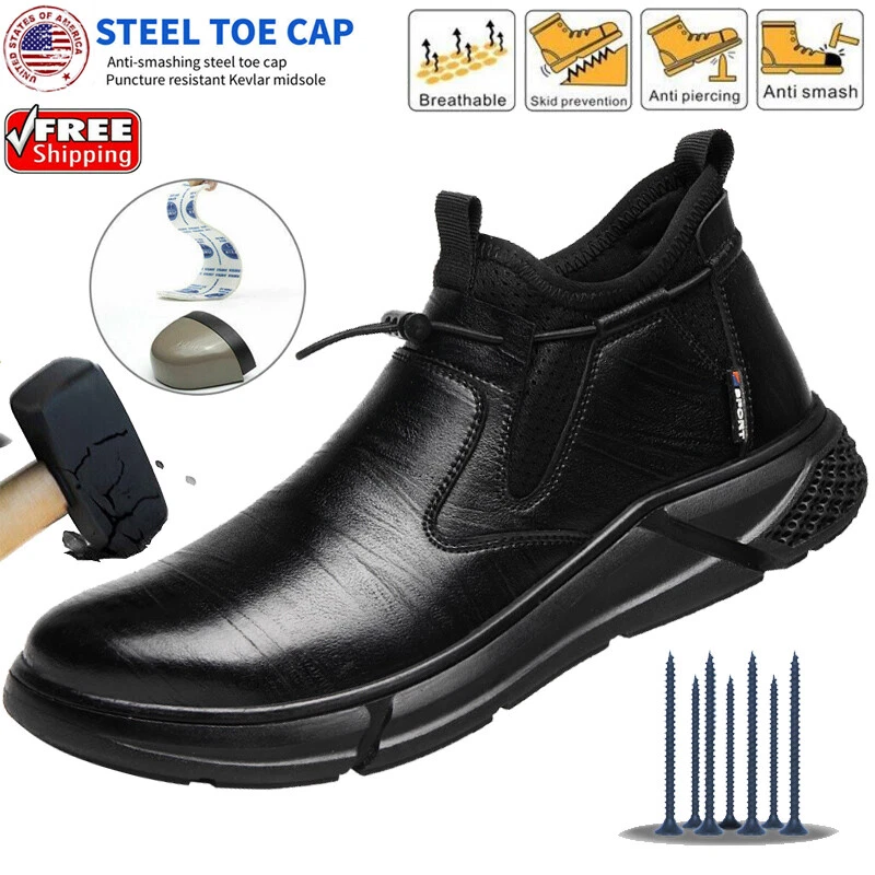 Mens Steel Toe Work Boots Waterproof Safety Shoes Anti-Puncture Non-Slip Leather