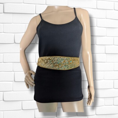 Vintage Wide Satin Beaded Statement Waist Belts Gold  display picture 1