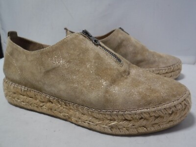 Eric Michael Shoes Espadrille Loafer Flat Tan Gold Zipper Low Top Shoes Size 40