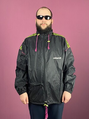 80s Adidas Vintage Men's Rain Jacket Size L Black Nylon Windbreaker  Raincoat