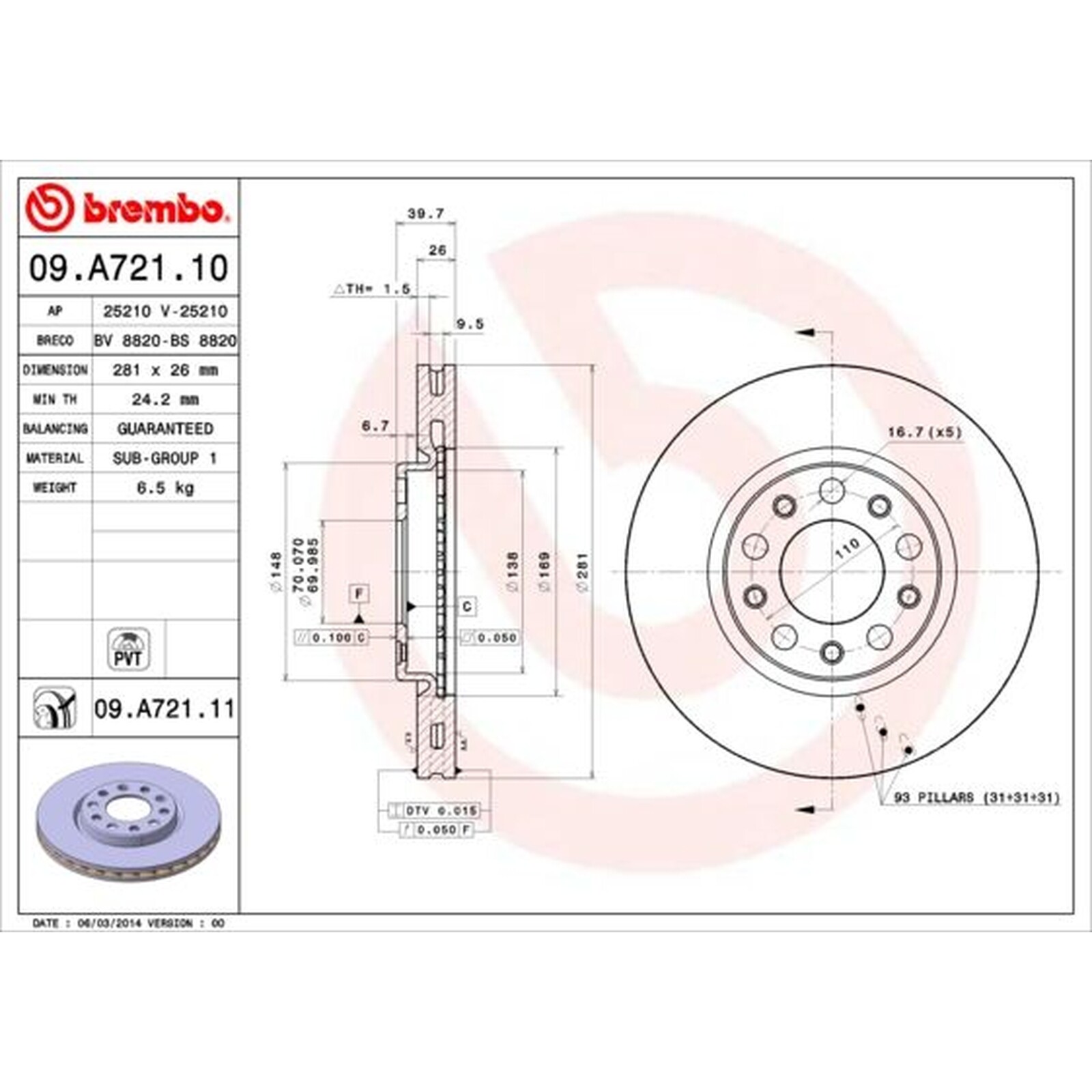 BREMBO Pair UV Coated Brake Discs 09.A721.11