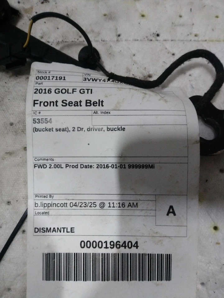 2016 Volkswagen Golf GTI Black Seat Belt OEM 5GM857755AYLZ 82K Miles Foto 3 de 4