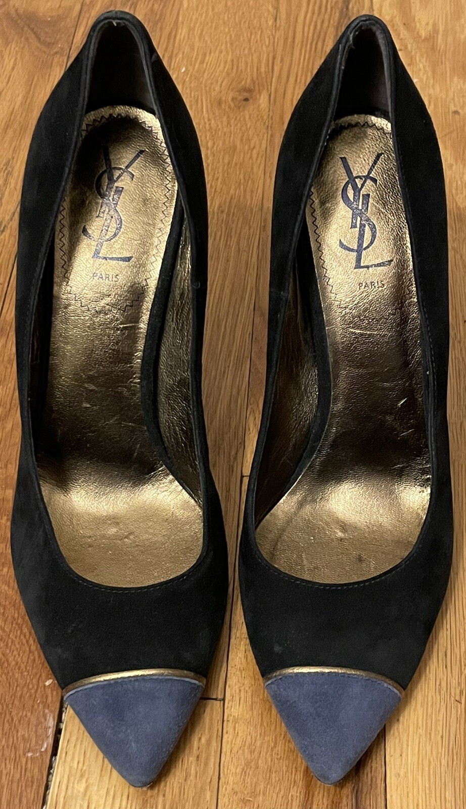 YSL Yves Saint Laurent scarpe depute nero blu pelle scamosciata tacchi 38 1 2 8