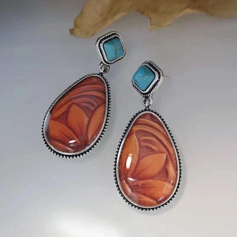 Pendiente Gota Patrón Flor Boho Forma Gota de Agua Gema Sintética Colgante De Colección Foto 2 de 3