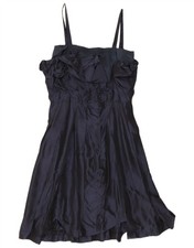 Vintage Womens Ruffle Front Sleeveless A-Line Dress UK 10 Small Navy Blue JE24