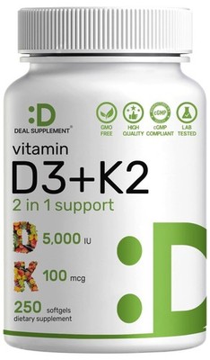 DEAL SUPPLEMENT Vitamin D3 5,000 IU + K2 MK7 Softgels, 250 Count | 2-in-1 Com...