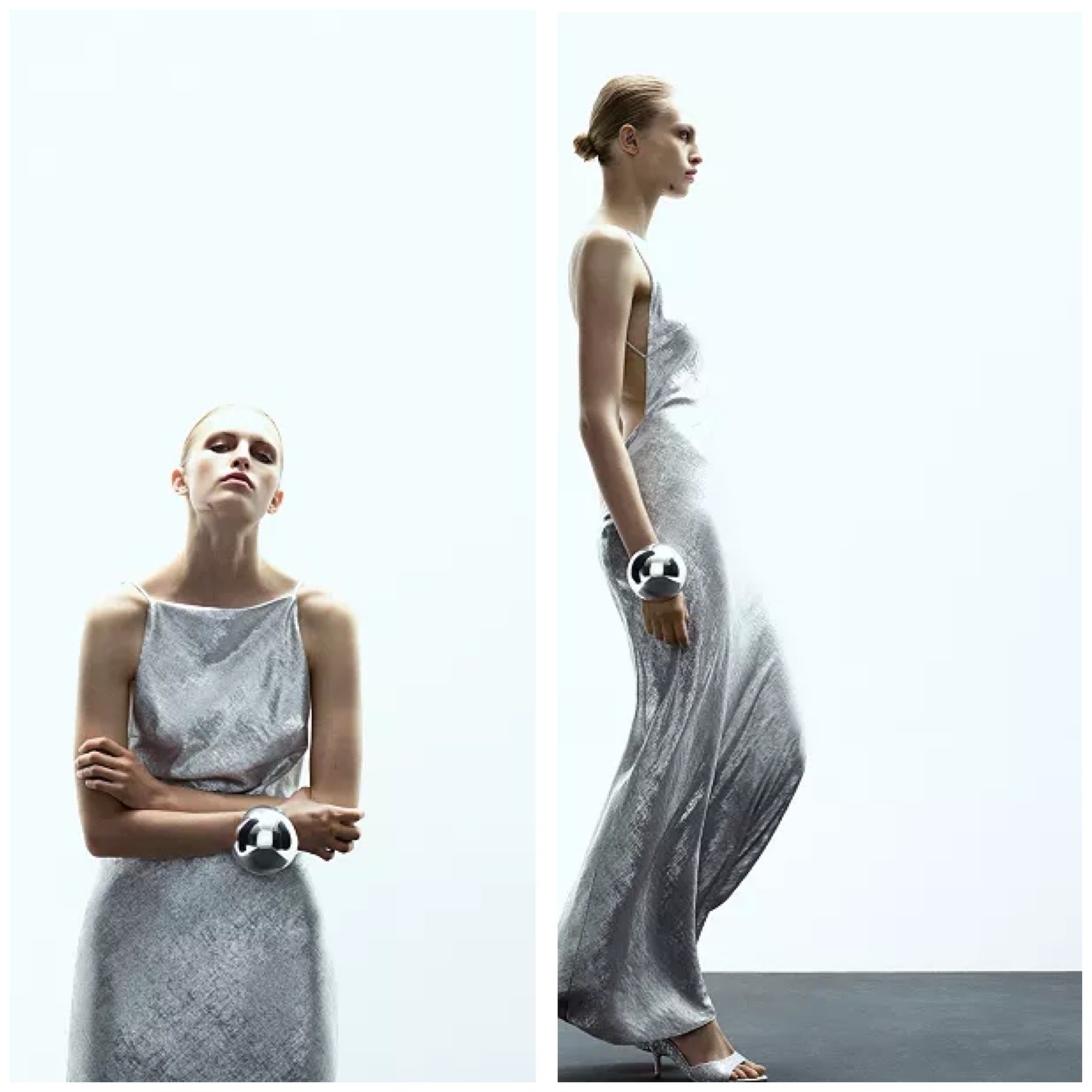 Mango Collection Metallic Open Back Maxi Dress Size 6 Silver Formal Wedding image 2