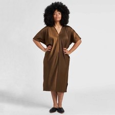 Universal Standard Sonya Satin V Neck Draped Midi Dress 3XS /2-4  Small Caramel