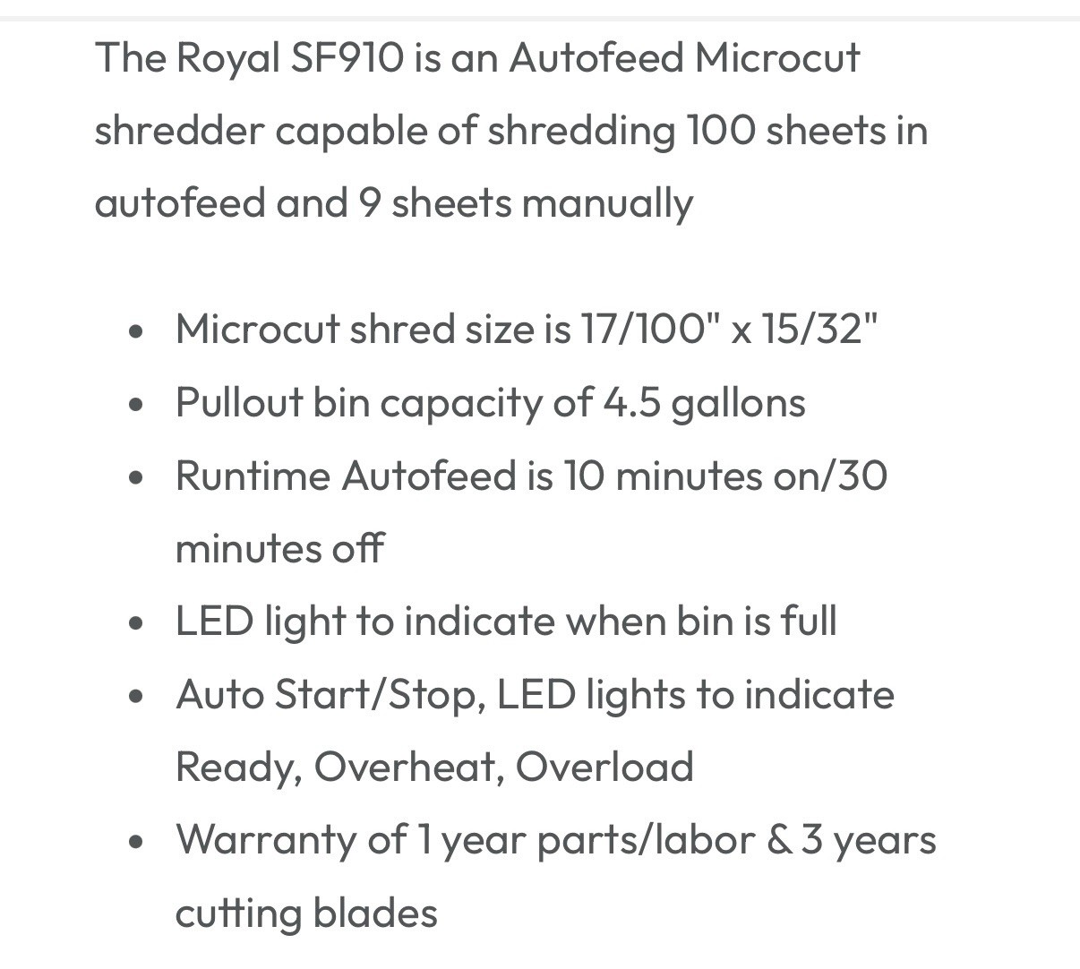 Royal Paper Shredder Heavy Duty  Silver ( New!) SF910 Microcut 
