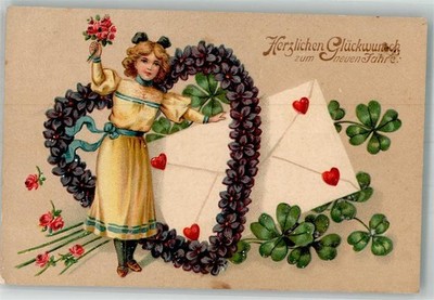 10739282 - Girl's Heart of Violet Letter Roses Lucky Clover New Year 1910