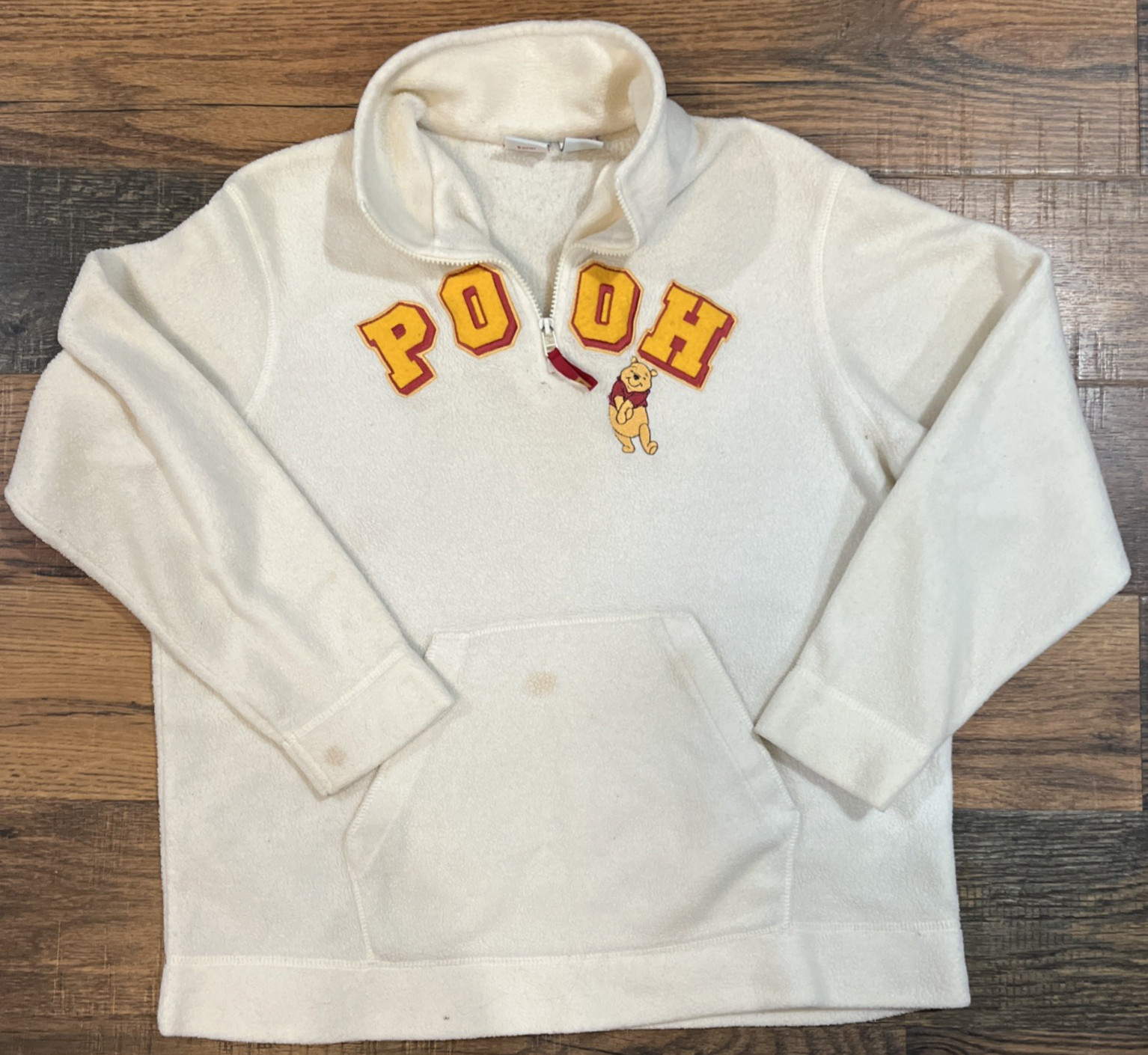 Disney Winnie The Pooh Embroidered Fleece Hoodie Pullover 1/4 Zip Cream L